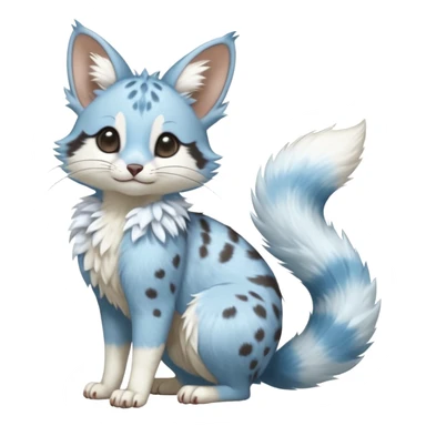 Hyper realistic  soft sky-milk blue fur patched with fluffy snow-white cloud blooms beautiful elegant pretty precious cute  Fakémon-Pokémon-opossum-feline-serval-caracal-chinchilla-Furret-Minccino-hybrid-creature with a big fluffy bushy tail (full body) sticker