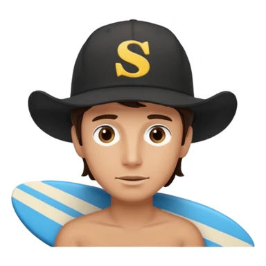 Male brunette movie producer black baseball hat with surfing cowboys written on hat  sticker