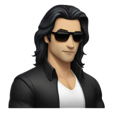 Man with long black hair, masculine face, fine lips, black sunglasses, lather jacket, underneath black t-shirt, muscles, vampire  sticker