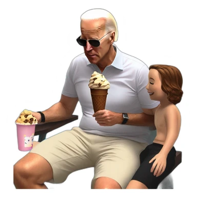 Joe Biden eating chocolate chocolate chip icecream with kids at his legs. Public pool sticker