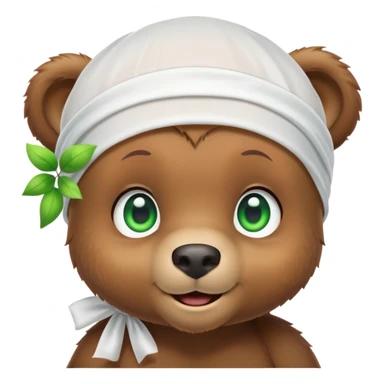 Playful brown bear cub in a white silk durag with a slight smile and bright green eyes, iOS emoji style sticker