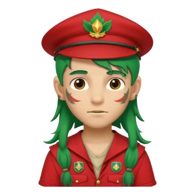 scout boy long hair face tatooes green haired, wearing red uniform with hat sticker