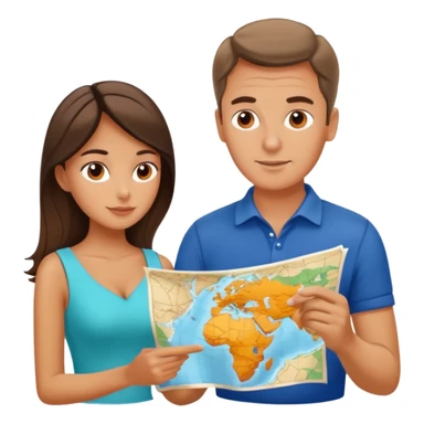 Russian man and elegant Spanish girl in vacation outfits with a map planning  sticker