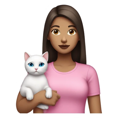 white girl with straight dark brown hair and blue eyes with pink lips wearing a pink shirt holding a white cat sticker