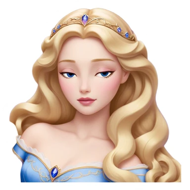 Cinematic Realistic Sleeping Beauty (Aurora) Portrait, with porcelain-like skin featuring a natural rosy flush, illuminated by soft lighting that highlights the gentle contours of her face. Her golden blonde hair flows in soft, detailed waves with subtle highlights that shimmer in the light. Her deep violet-blue eyes radiate warmth and innocence, framed by arched brows and long lashes. Her serene expression exudes quiet elegance. She is dressed in her classic pink gown, the fabric rich in texture with delicate folds that catch the light. A golden crown rests atop her head, gleaming with royal refinement. The portrait captures a soft, glowing aura, blending realism with an ethereal sense of beauty and timeless enchantment. sticker