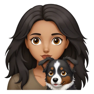 latina girl with long dark hair and dark brown eyes with a black tri Australian shepherd sticker