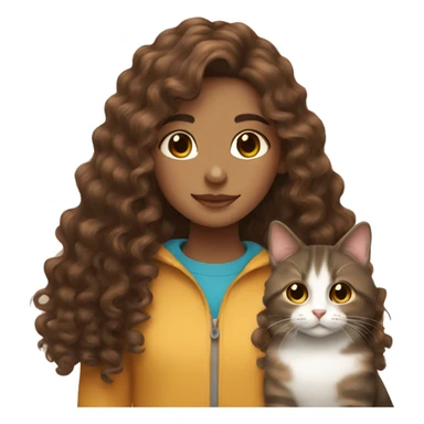 Curly long brown hair girl with a tricolor cat  sticker