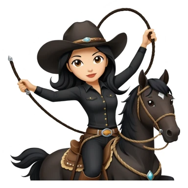 confident Asian woman with long black hair wearing black outfit riding a horse cowgirl style with a lasso sticker