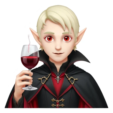 male elf vampire emoji, pale skin, red glowing eyes, long pointed ears, black high-collared cloak with red lining, holding a wine glass filled with red liquid, elegant Halloween fantasy look, smooth Apple emoji style, clean white background, square image sticker