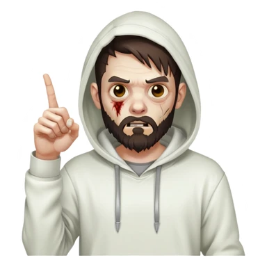 zombie pointing finger, undercut hairstyle with dark brown hair, short full beard, wearing plain white hoodie sticker
