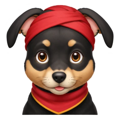 Shadow is a mixed-breed dog, a cross between a Belgian Malinois and a Border Collie. He has a sleek black coat, big upright ears, and bright, intelligent eyes. He wears a red bandana around his neck, which gives him a strong and distinctive look. sticker