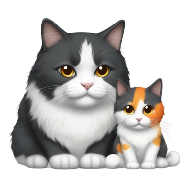 A black, great and white long hair chubby cat next to a slimmer mostly white with some orange spots cat  sticker