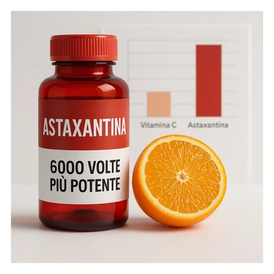hyper realistic astaxanthin with bar chart showing difference with vitamin C, red bottle, orange, text '6000 volte più potente', scientific atmosphere, white background sticker