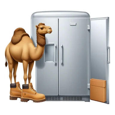 A silver refrigerator with doors as the body, a brown camel head with a hump on top, and tan Timberland boots on the bottom sticker