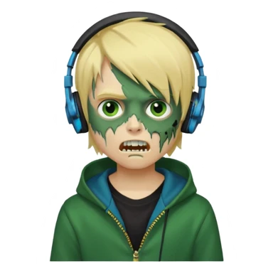 boy zombie whit blonde emo hair and eyes blue and GREEN SKIN and heandphones black AND A MICROFONE AND GOLD TEETH and agesive face and the hoodie black  sticker
