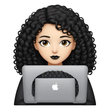 a girl typing mac book air with long black curly hair and brown eyes with winged black eyeliner sticker