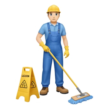 Custodian with yellow rubber gloves, blue overalls, mopping floor sticker