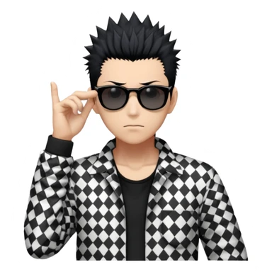 Satoru Gojo from Jujutsu Kaisen with spiky black hair, wearing black and white checkered shirt with rolled-up sleeves, black pants, confident expression, sunglasses on top of head, one hand in pocket sticker