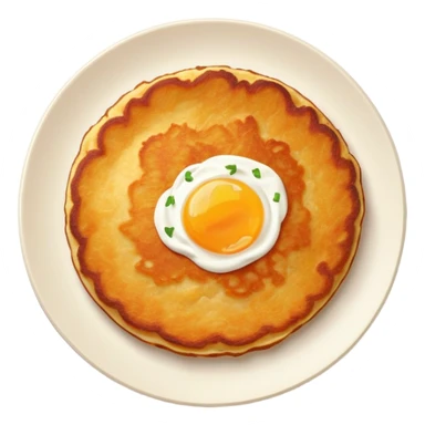 traditional Eastern European potato pancake (draniki), golden-brown, crispy edges, soft center, round and rustic with visible shredded potato texture, small dollop of sour cream on top, clean minimal expressive sticker