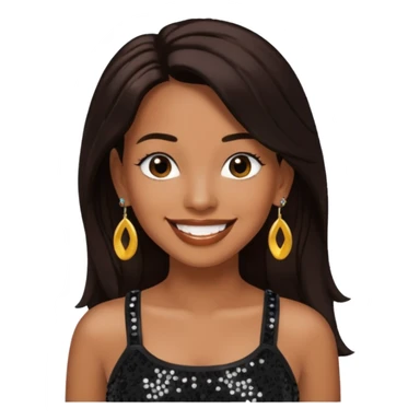 Chilli from TLC with long dark brown hair, black sequin crop top, black earring sticker