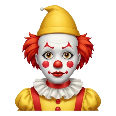 Yellow pointed hat with a red tip.

Red hair sticking out on the sides.

White face paint with black eyebrows, red nose, and red lips.

Wearing a yellow clown costume with red buttons.

Sad, concerned expression. sticker