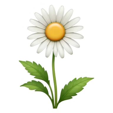 Cinematic Realistic Daisy Emoji, Cheerful and pure, with bright white petals surrounding a sunny yellow center, standing proudly atop a slender green stem. The soft, vibrant petals seem to radiate positivity, while a few green leaves frame the delicate flower. Soft glowing outline, capturing the essence of simplicity, innocence, and happiness in a single daisy. sticker