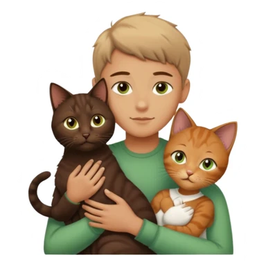Crea un emoji donde salga un chico moreno con los ojos claros, una chica morena con los ojos marrones y un gato europeo comun de pelaje oscuro y ojos verde claro, quiero que se esten abrazando y el gato este en el medio de los dos sticker