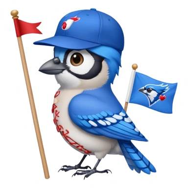 blue jay wearing blue jay baseball hat, holding flag with name Carolyn on flag sticker