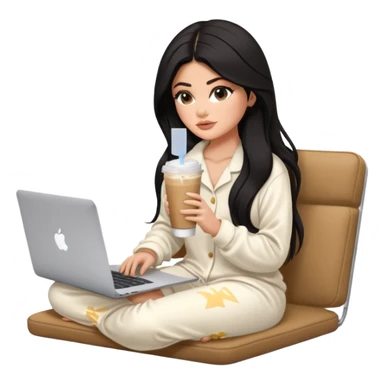 Kylie Jenner with her sexy face and long hair, make it 1 tone lighter,sitting learning on macbook watching the screen, she wears an off- white Skims pajama and she's drinking 1 tasty iced latte sticker