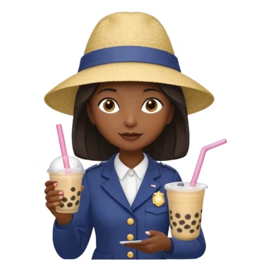 A Mysterious Elderly Female with Dark skin and Straight hair, wearing a Uniform outfit, a Sunhat, No glasses, carrying a Enchanted staff, working as a scientist, while drinking Bubble tea and reading a Journal. sticker