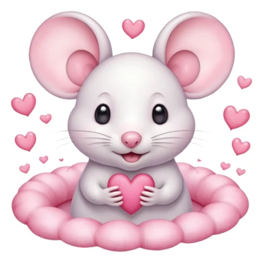 This is a cute watercolor illustration of a small, white cartoon mouse with large, round, pink-lined ears. The mouse has heart-shaped eyes, a small open mouth, and is surrounded by floating pink hearts, conveying a feeling of love, adoration, or strong affection. sticker