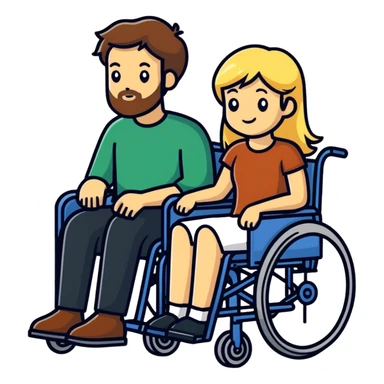 Brown haired man in a wheel chair with a beard with blonde haired mom sticker