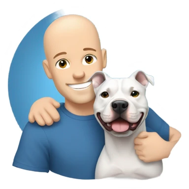 bald white man no beard blue eyes and blue tshirt Hugging large gray smiling pit bull sticker