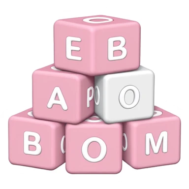 three Light pink and white toy alphabet blocks stacked with different letters sticker