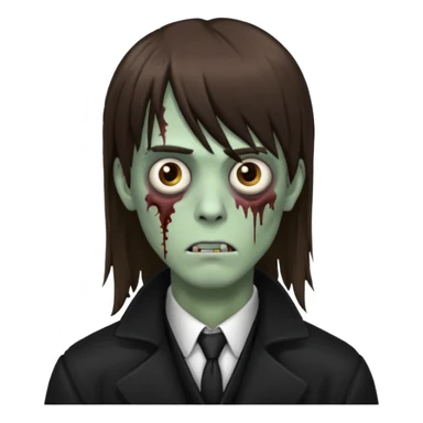 Zombie, emo guy with dark circles under his eyes and long brown hair with straight bangs, in a black long
 sticker