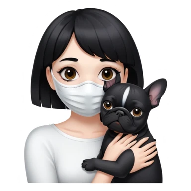 girl with short black straight bangs hair wearing a white mask and hugging a black French bulldog sticker