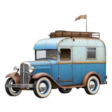 A 1934 ratty old antique rat Chevrolet hot rod caravan pulling behind it, a large matching trailer that’s blue and pearl  sticker