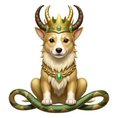 loki god of mischief as a dog. he as snakes. he wears a horned crown as the god himself.  dynamic pose sticker