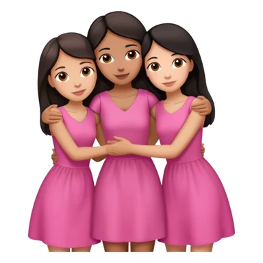 Three sisters hug, one medium light skin with dark brown hair, one tan skin black hair, one tan skin dark brown hair, pink dresses sticker