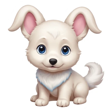 a shy but friendly white puppy with long ears that let him fly, blue eyes, pink cheeks, and a tail shaped like a cinnamon roll sticker