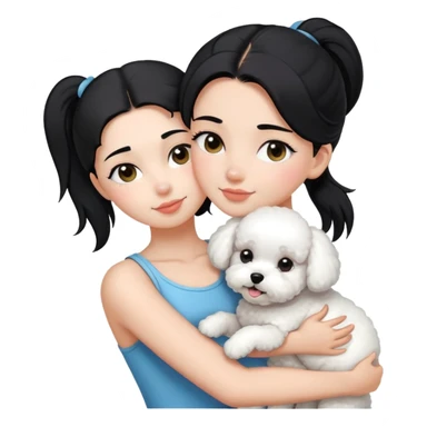 One long face girl with straight black hair in a ponytail，hugging one Bichon frise sticker