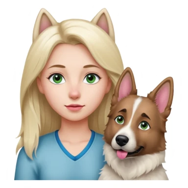 White European young woman with blue-green eyes and long blond hair with her white German Shepherd dog,the Dog hast a pink nose and short fur  and Brown eyes sticker