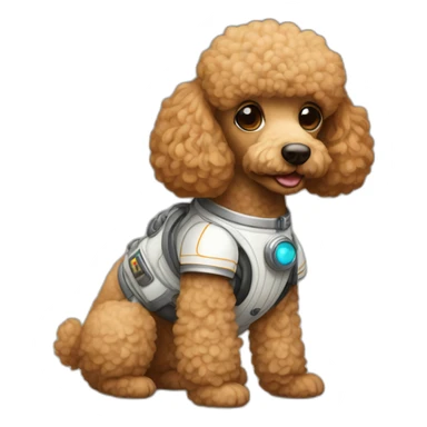 Light brown poodle seated with an spaceman suit sticker