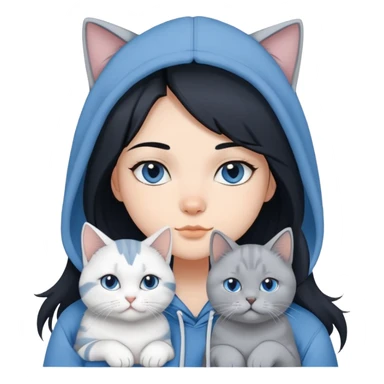 Girl with black hair in gray hoodie with a British shorthair blue and white cat and a long-haired blue and white cat sticker
