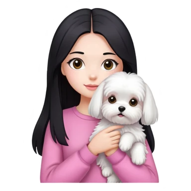 Beautiful girl with long straight black hair, fair skin, wearing pink clothes, holding a pure white fluffy Maltese dog sticker