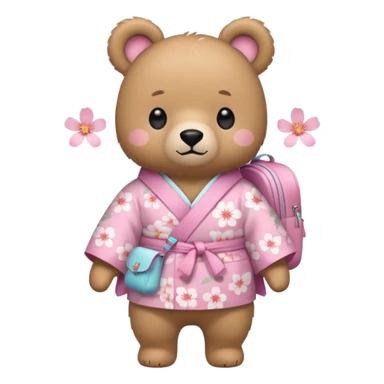 A cute light-brown bear wearing a pastel pink sakura-patterned kimono, normal balanced body ratio.  
Wearing a small backpack on the back, one paw holding the strap, ready to go outside.  
Kawaii emoji style, minimalistic clean sticker illustration, white background. sticker