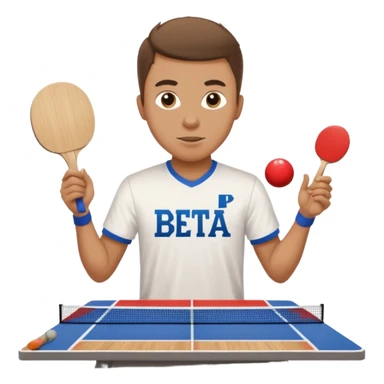 Guy playing ping pong on a 4x8 wooden table no net and only one paddle wearing a frat shirt with the letters beta theta pi on the front  sticker