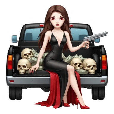 Lilith symbol red eye seductress evil long brown haired sexy succubus woman with leather long dress with slit on, sitting in Big Large F350 pickup truck. Platform long high heels on feet. Back seat full of stacks of cash, she is  Holding a man dead human skull of her enemies and a gun in other hand sticker