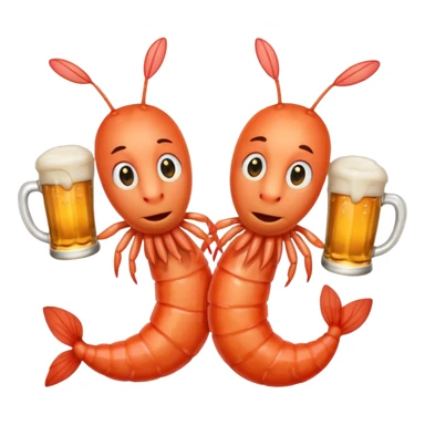 Design a trendy emoji-style illustration of two shrimp peeking from behind text, only half of their bodies visible, curious and playful expressions.
One shrimp holding a beer mug, the other pointing forward.
 sticker