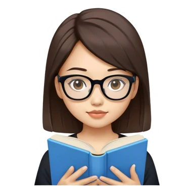 pretty asian girl reading a blue book black top white glasses brown hair sticker